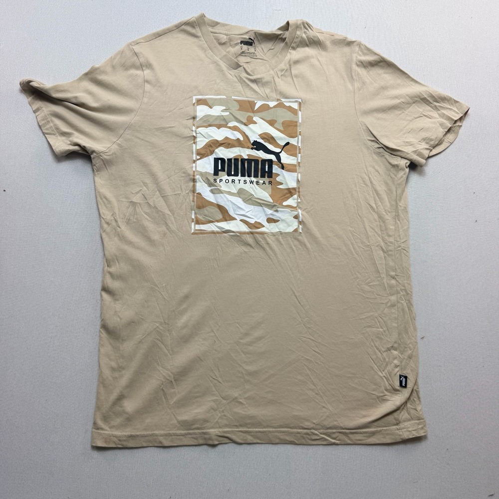 Puma T-Shirt Mens Medium Tan Good Camo Graphic Logo Sportswear Tee